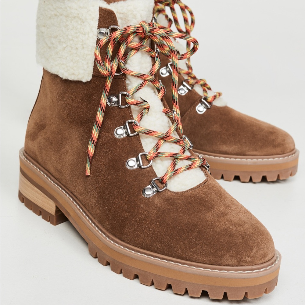 Villa Rouge Miloh suede winter boot with lug sole and faux shearling / fur trim.